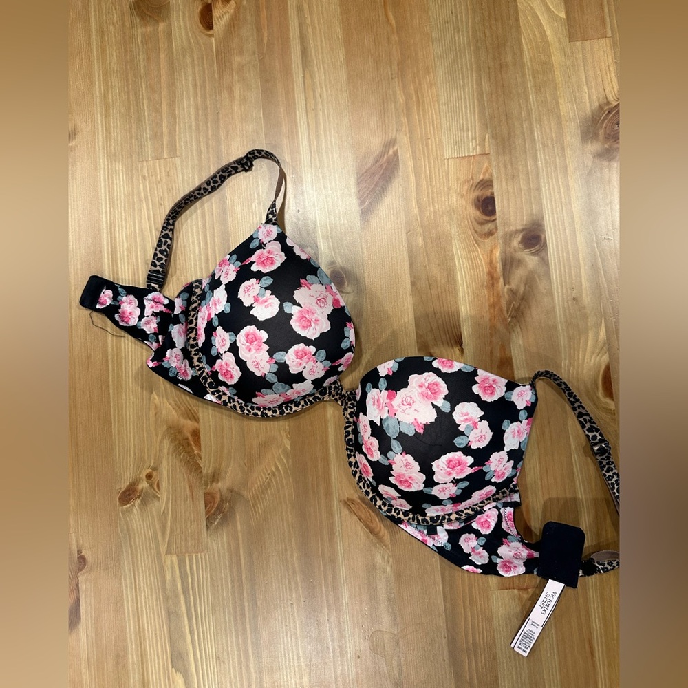 Victoria's Secret Push Up Black Bra with Pink Floral Design